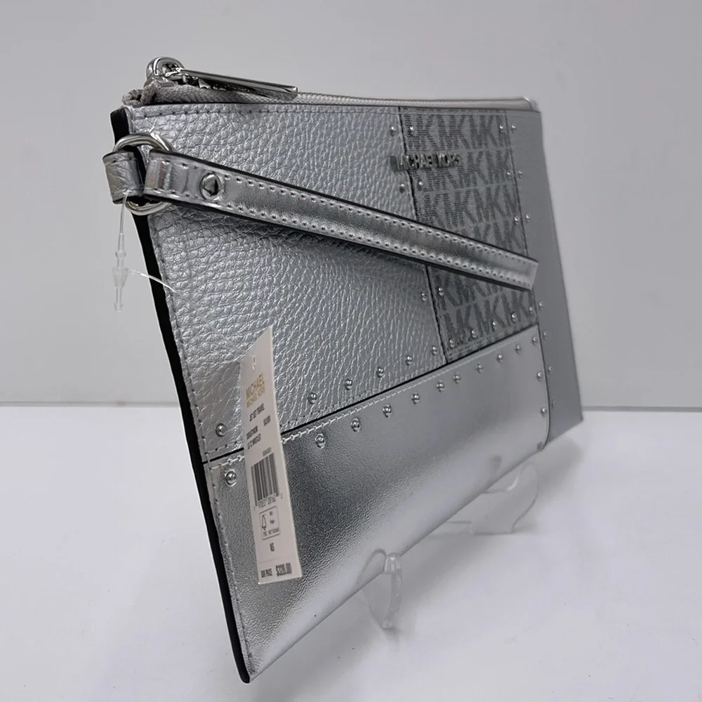 Michael Kors Jet ST Lg TZ Studded Metallic Patchwork and Signature Logo Wristlet